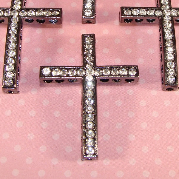 3 Cross Charms Crystal Rhinestone Sideways Cross Gunmetal Pave Rhinestones 25mm x 35mm Friendship Bracelet Bar Jewelry Making Supplies 42488