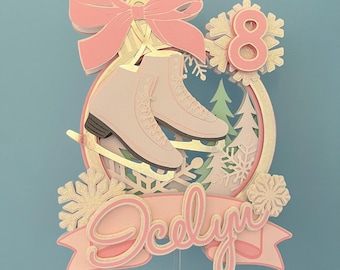 Personalized Ice Skating Cake Topper: Pink Winter Birthday Decor
