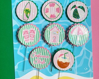 Cabana Club Cupcake Toppers: Vintage Palm Springs Pool Party Decor