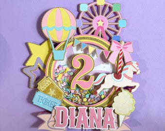 Carousel Cake Topper Vintage Circus Birthday Decoration Carnival Party Decor Custom Name Age