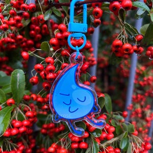 May include: A blue acrylic keychain in a teardrop shape with a smiling face and the text "olarosc". The keychain is attached to a blue clasp. The background features red berries and green leaves.