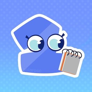 Puede incluir: Ilustración de dibujos animados de una forma azul con ojos grandes y expresivos y un pequeño bloc de notas. La forma tiene un contorno blanco y está sobre un fondo azul degradado. El bloc de notas tiene páginas grises y un lomo naranja.