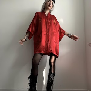 Vintage Red Silk Kimono Robe | Embroidered Dragon | Japanese Style | Short Kimono Jacket | Statement Boho Loungewear | Asian Robe