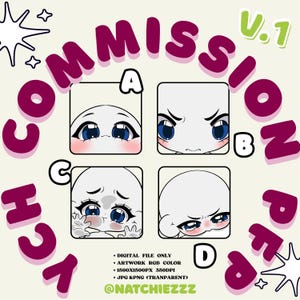 May include: Digital art commission sheet featuring four anime-style face expressions, labelled A, B, C, and D. The word "COMMISSION" is in large, purple bubble letters. The text "V.1" is in green. Additional text includes file details and the artist's social media handle.