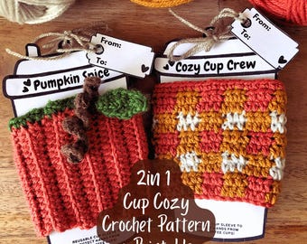 2 in 1 CROCHET PATTERN + Printable, Pumpkin Coffee Cup Cozy Crochet Pattern Fall Gingham Mug Sleeve Easy Cute Pumpkin Patch Gift Digital PDF