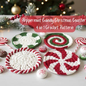 May include: Crocheted Christmas coasters in red, white, and green, resembling peppermint candies. The coasters are arranged with peppermint candies and lollipops. The text on the image says "Peppermint Candy Christmas Coasters 4 in 1 Crochet Pattern."