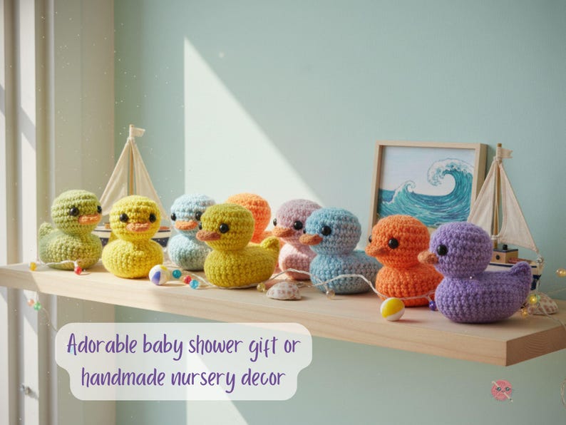 Pu&ograve; includere: Una collezione di anatroccoli all'uncinetto colorati in varie tonalit&agrave; di verde, giallo, blu, arancione, rosa e viola. Le anatre fatte a mano sono esposte su una mensola di legno con una piccola barca a vela e un'immagine incorniciata di un'onda.
