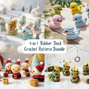 May include: A selection of crocheted rubber ducks in different designs. Some ducks are wearing hats and scarves, others are dressed as Santa Claus, and some are decorated with Christmas lights. The text "4 in 1 Rubber Duck Crochet Pattern Bundle" is also visible.
