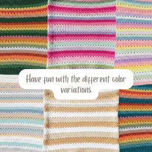 May include: A collection of colorful, crocheted blankets with horizontal stripes in various color palettes. The blankets feature a textured stitch pattern and the text "Have fun with the different color variations".