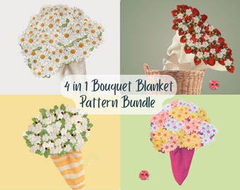 4-in-1 Crochet Bouquet Blanket Patterns: Daisy, Strawberry, Bee (PDF Pattern)