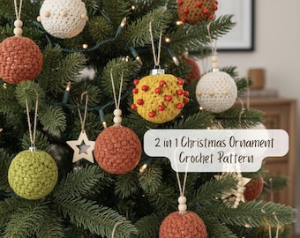 May include: A Christmas tree decorated with various crochet ornaments in shades of green, orange, yellow, and cream. The ornaments are round and textured, with wooden bead accents. The text on the image reads: "2 in 1 Christmas Ornament Crochet Pattern."