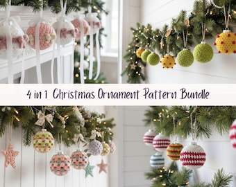 May include: A collection of handmade Christmas ornaments in various colors and patterns, including white, pink, red, green, and yellow. The ornaments are displayed on a garland and a mantel, with the text "4 in 1 Christmas Ornament Pattern Bundle".