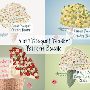 4in1 Blumenstrauß Decke Muster Bündel Strauß Decke Häkelanleitung Gänseblümchen Erdbeere werfen einfach niedlich Anfänger Muster Geschenk Download