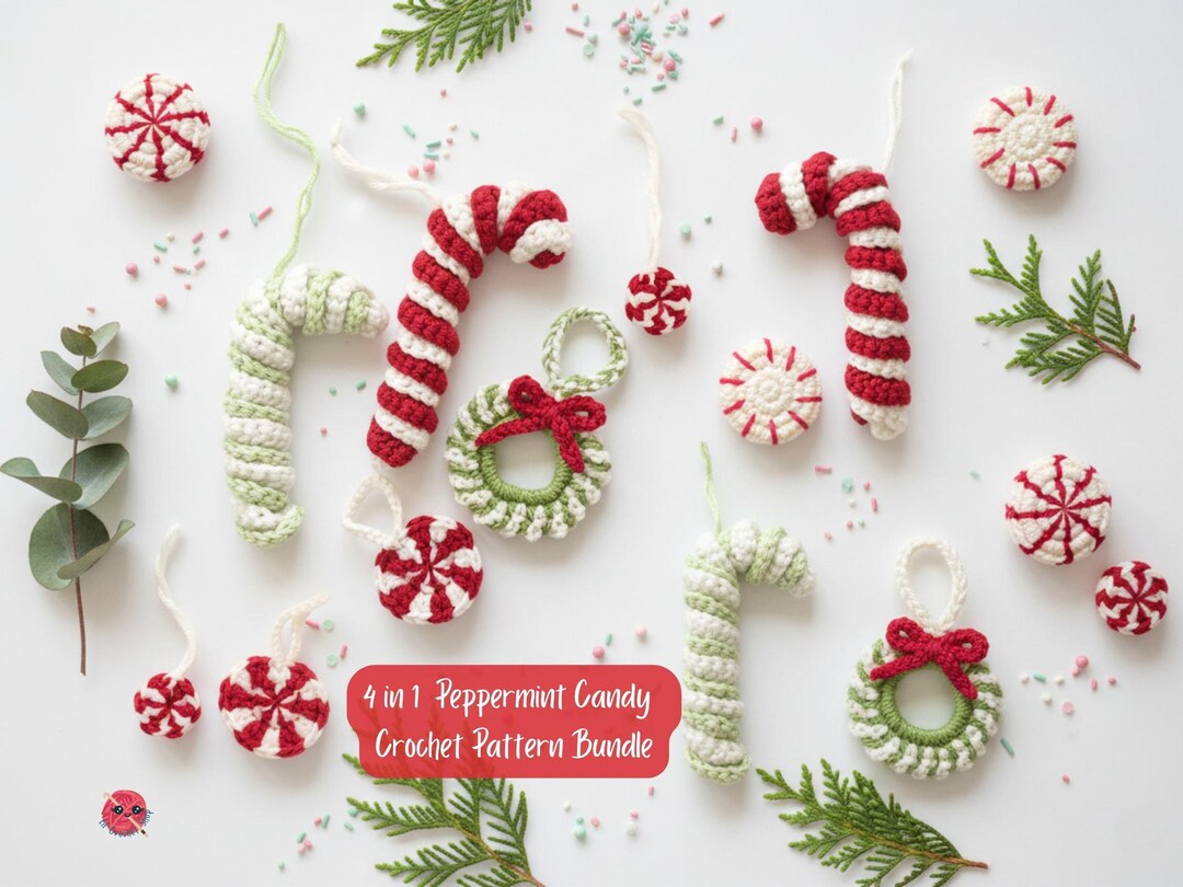 Peppermint Candy Christmas Decor Set, Crochet Ornament Pattern Bundle ...