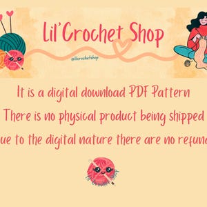 May include: Illustration for Lil' Crochet Shop, featuring yarn balls, knitting needles, and a woman knitting. Text includes "Lil' Crochet Shop" and "It is a digital download PDF Pattern". The image has a soft, watercolor-like background.