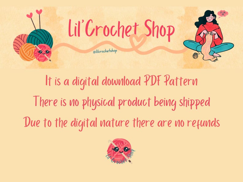 May include: Illustration for Lil' Crochet Shop, featuring yarn balls, knitting needles, and a woman knitting. Text includes "Lil' Crochet Shop" and "It is a digital download PDF Pattern". The image has a soft, watercolor-like background.