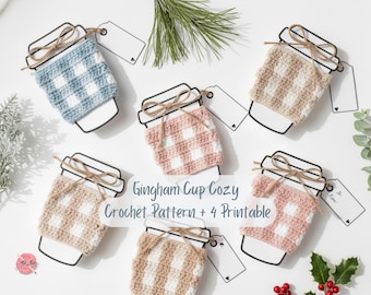 Cup Cozy HÄKELANLEITUNG + Geschenk zum Ausdrucken, Karo Karierte Kaffeetasse Häkelanleitung Winter Projekt Digitales PDF zum Ausdrucken
