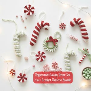 May include: A selection of handmade crochet peppermint candy decorations in red, white, and green. The set includes candy canes, round ornaments, a wreath, and a candy. The image text reads "Peppermint Candy Decor Set 4 in 1 Crochet Pattern Bundle."