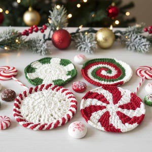 Peppermint Candy Christmas Coaster Set, Crochet Pattern Bundle, Holiday ...