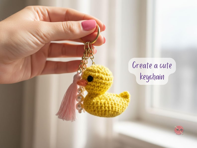 Pu&ograve; includere: Un portachiavi a forma di anatra gialla all'uncinetto fatto a mano con occhi neri e becco arancione. Il portachiavi ha una catena color oro, un nappa rosa e una fila di perle. Il testo sull'immagine recita "Create a cute keychain."