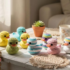 Pu&ograve; includere: Una collezione di anatroccoli all'uncinetto colorati in varie tonalit&agrave; di giallo, verde, blu, rosa e bianco, con becchi arancioni. Le anatre fatte a mano sono disposte su un tavolo di legno rustico, con una piccola pianta grassa in vaso e una tazza floreale.