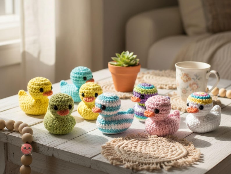 Pu&ograve; includere: Una collezione di anatroccoli all'uncinetto colorati in varie tonalit&agrave; di giallo, verde, blu, rosa e bianco, con becchi arancioni. Le anatre fatte a mano sono disposte su un tavolo di legno rustico, con una piccola pianta grassa in vaso e una tazza floreale.