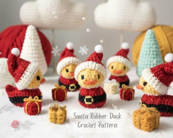 May include: Crocheted Santa ducklings with red and white Santa hats, red suits, and black belts. Small yellow gift boxes are scattered around the ducks. The text "Santa Rubber Duck Crochet Pattern" is visible.