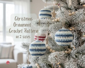 May include: A close-up of a Christmas tree decorated with blue and white crocheted ornaments. The ornaments are round and have a striped pattern. The text on the image says "Christmas Ornament Crochet Pattern in 2 sizes."