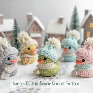 May include: Crocheted duck figurines wearing beanies and scarves in various colors, including gray, yellow, green, blue, and pink. The ducks have orange beaks and are set against a snowy winter village backdrop. Text reads "Winter Duck in Beanie Crochet Pattern."