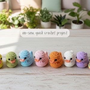 Pu&ograve; includere: Una collezione di otto anatroccoli all'uncinetto in vari colori, tra cui giallo, verde, blu, rosa, arancione, bianco, viola e un motivo arcobaleno. Il testo "no-sew, quick crochet project" &egrave; visualizzato sopra. Gli anatroccoli sono disposti su una superficie di legno chiaro.