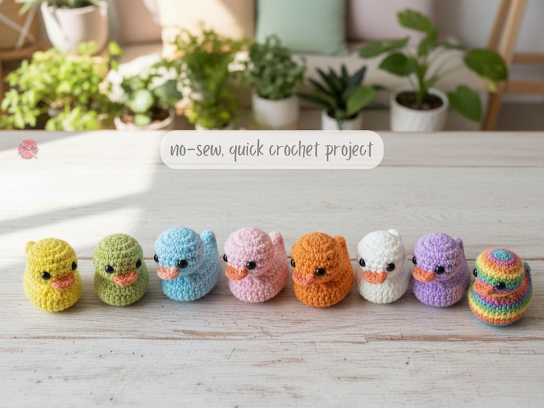 Pu&ograve; includere: Una collezione di otto anatroccoli all'uncinetto in vari colori, tra cui giallo, verde, blu, rosa, arancione, bianco, viola e un motivo arcobaleno. Il testo "no-sew, quick crochet project" &egrave; visualizzato sopra. Gli anatroccoli sono disposti su una superficie di legno chiaro.