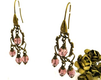 Pink and Brass Chandelier Earrings, Romantic Bohemian Dangle Style Wedding Bridal Jewelry, Birthday Present Sister Aunt Godmother New Mom