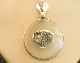 Silver Necklace for Unique Women, Steampunk Jewelry Monocle Floating Watch Movement, Gift for Grandma, Best Friend, Significant Other