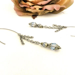 Long Blue Beaded Earrings, Stainless Steel V Shaped Hook Dangles, Silver Chain Statement Earrings, Unique Womens Jewelry for Birthday Gifts image 2