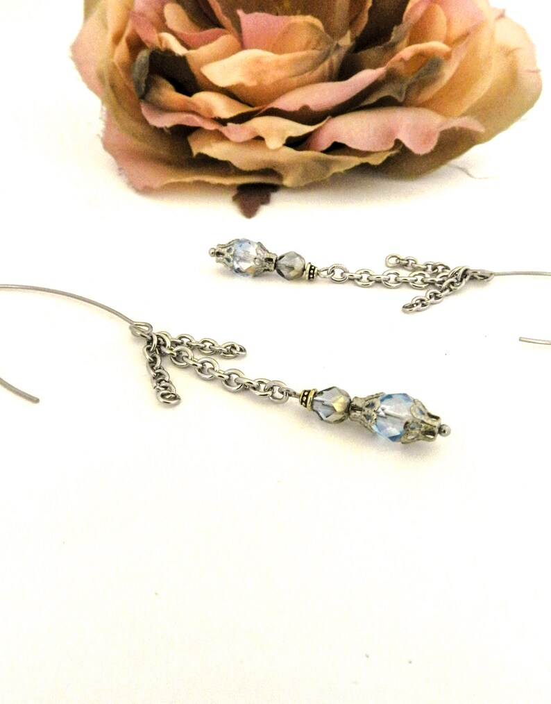 Long Blue Beaded Earrings, Stainless Steel V Shaped Hook Dangles, Silver Chain Statement Earrings, Unique Womens Jewelry for Birthday Gifts image 2