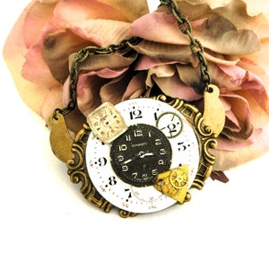 Steampunk Watch Dial Assemblage Necklace, Mixed Vintage Parts Brass Pendant, Gear Watch Art Gift for Her, Upcycled Victorian Cosplay Jewelry image 4