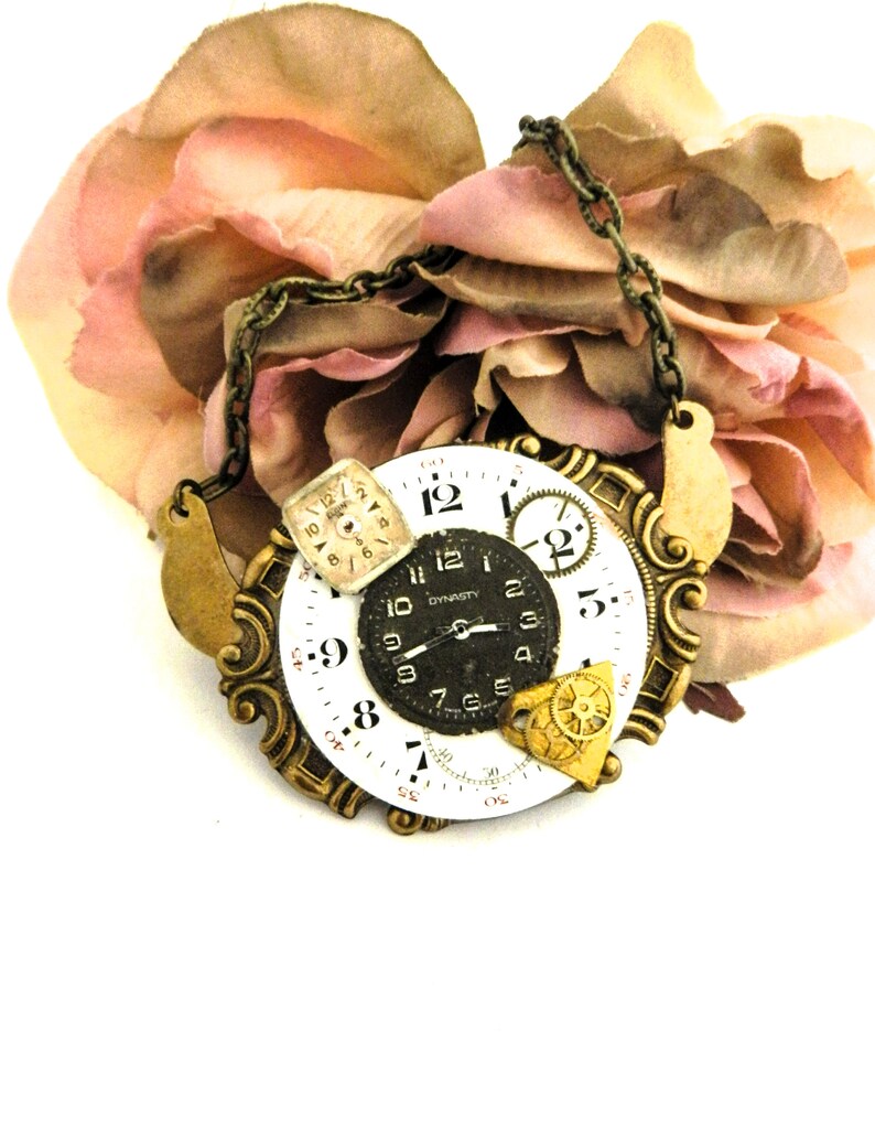 Steampunk Watch Dial Assemblage Necklace, Mixed Vintage Parts Brass Pendant, Gear Watch Art Gift for Her, Upcycled Victorian Cosplay Jewelry image 4