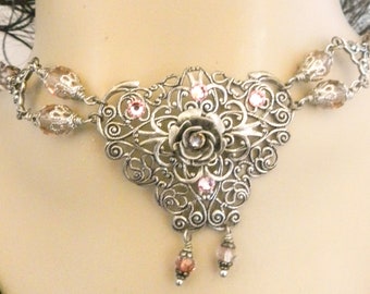 Silver Filigree with Rose Crystal Necklace, Victorian Style Antiqued Silver Necklace for Her, Unique Womens Jewelry Gift for Mom or Daughter