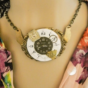 Steampunk Watch Dial Assemblage Necklace, Mixed Vintage Parts Brass Pendant, Gear Watch Art Gift for Her, Upcycled Victorian Cosplay Jewelry image 1