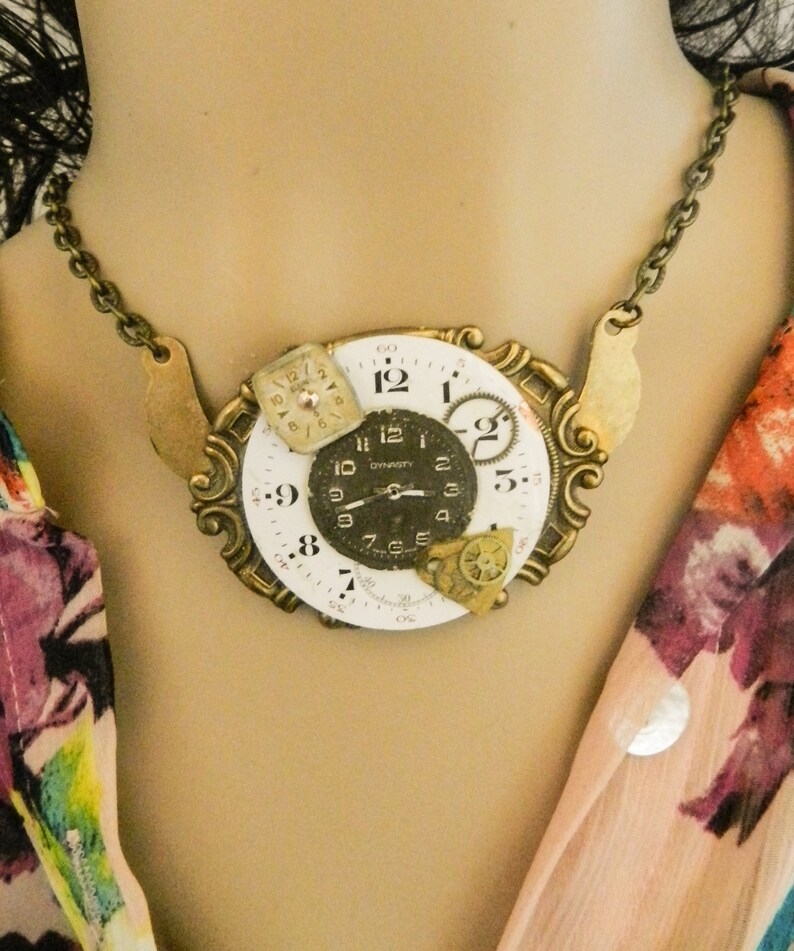 Steampunk Watch Dial Assemblage Necklace, Mixed Vintage Parts Brass Pendant, Gear Watch Art Gift for Her, Upcycled Victorian Cosplay Jewelry image 1