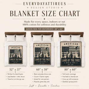 May include: A blanket size chart displays three blankets with the text "AMERICAN ROOTS LAND OF THE FREE". The blankets are 52" x 37", 60" x 50", and 80" x 60". The chart includes details about each size, such as use and dimensions.