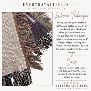 May include: Close-up of a woven blanket with fringed edges. The blanket features a mix of colors, including black, white, and various hues. The text on the image reads "EVERYDAYATTIREUS DESIGN STUDIO" and "Woven Technique".