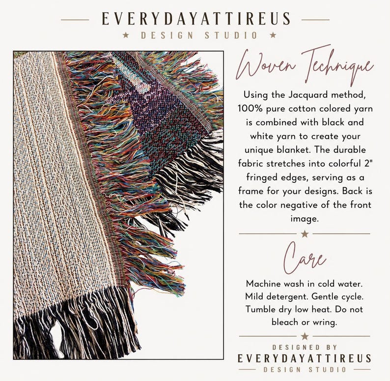 May include: Close-up of a woven blanket with fringed edges. The blanket features a mix of colors, including black, white, and various hues. The text on the image reads "EVERYDAYATTIREUS DESIGN STUDIO" and "Woven Technique".