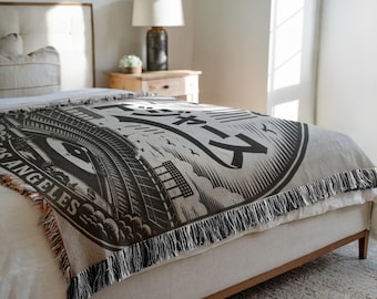 Japanese Dodgers Stadium Woven Blanket, Retro LA Baseball Throw, Black Cream Decor