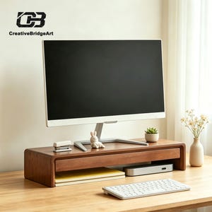 May include: A dark wood monitor stand with a built-in drawer, featuring a computer monitor, a small white stapler, a white rabbit figurine, a small potted succulent, and a silver external hard drive. The logo CreativeBridgeArt is visible.