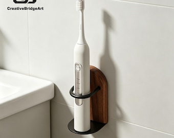 Draining Curved Walnut Electric Toothbrush Wall Mount Holder, Bathroom Sink No Drill Accessory Storage Rack