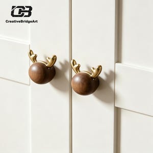 Brass Antler Wooden Round Cabinet Knobs, Wardrobe Drawer Door Cute Home Hardware Pull