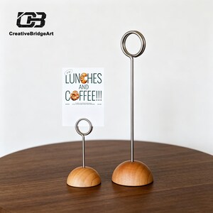 Minimal Beech Wood Base Metal Wire Card Holder, Cafe Table Number Photo Note Stand Display Clip