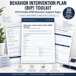 May include: A Behavior Intervention Plan (BIP) toolkit featuring 20 printable pages for school support. The documents include sections for student information, behavior workflows, and intervention alignment, all presented in a clean, professional layout.