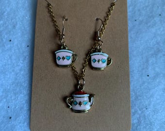 Teapot Necklace and Teacup Earrings Set